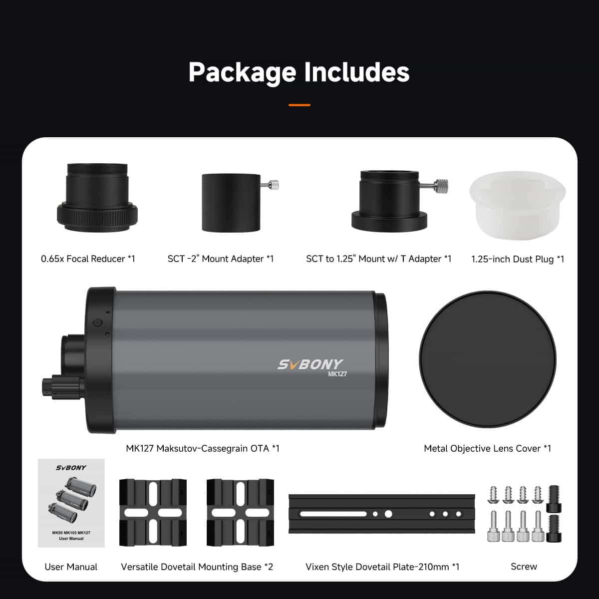 SVBONY MK127 127mm f/11.8 Maksutov-Cassegrain telescope OTA for lunar, planetary and small deep-sky observing and imaging
