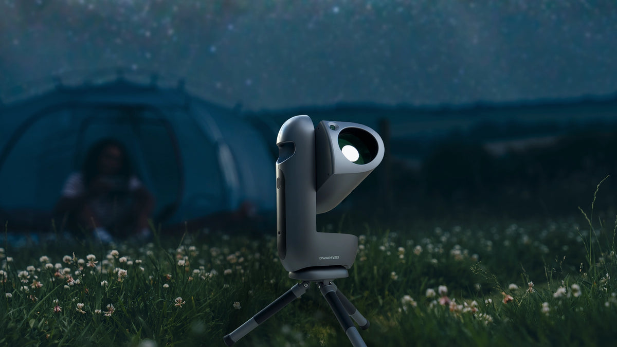 Included aluminium-alloy tripod for the DWARFLAB DRACO smart telescope, folded for transport