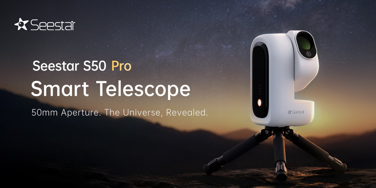 ZWO Seestar S50 Pro smart telescope on its tripod under the Milky Way