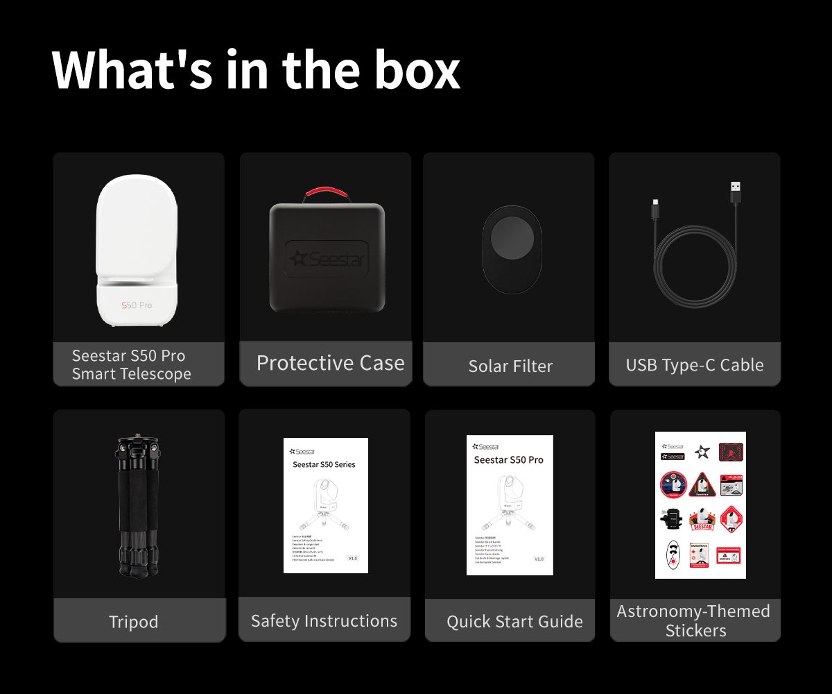What is in the box: Seestar S50 Pro, tripod, case, solar filter, USB-C cable, guides
