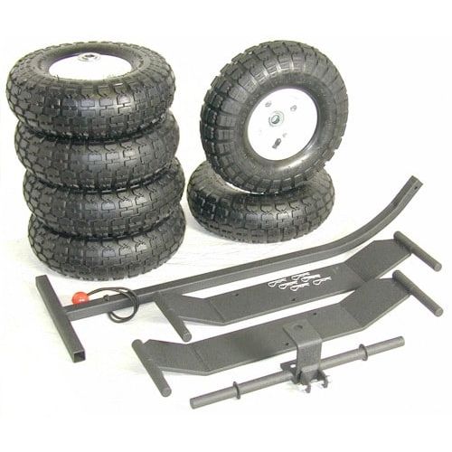 JMI 10 inch pneumatic wheel upgrade kit with six all-terrain tires and tow handle for Universal Wheeley Bar telescope dolly use on grass and gravel