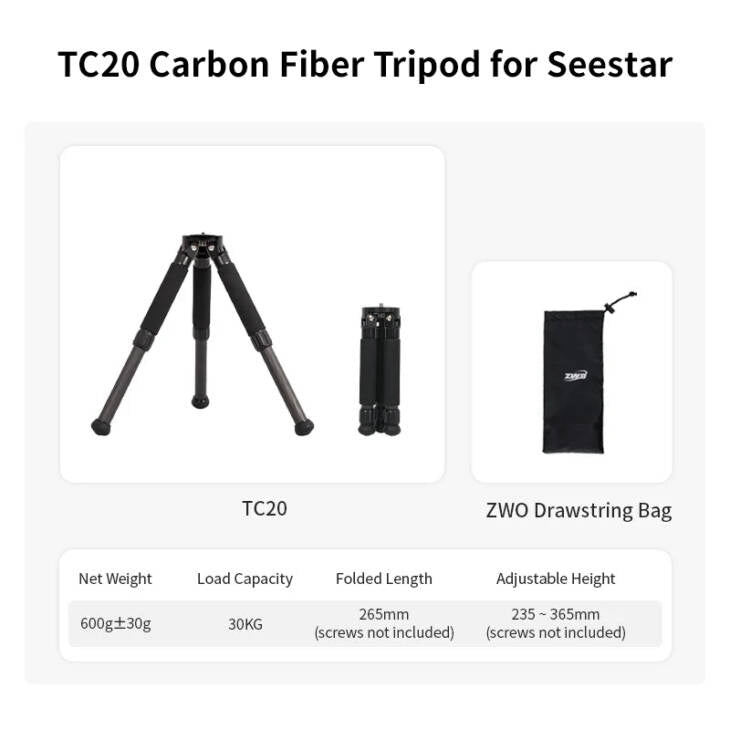 ZWO TC20 Carbon Fiber Tripod specification graphic with weight load capacity folded length and height