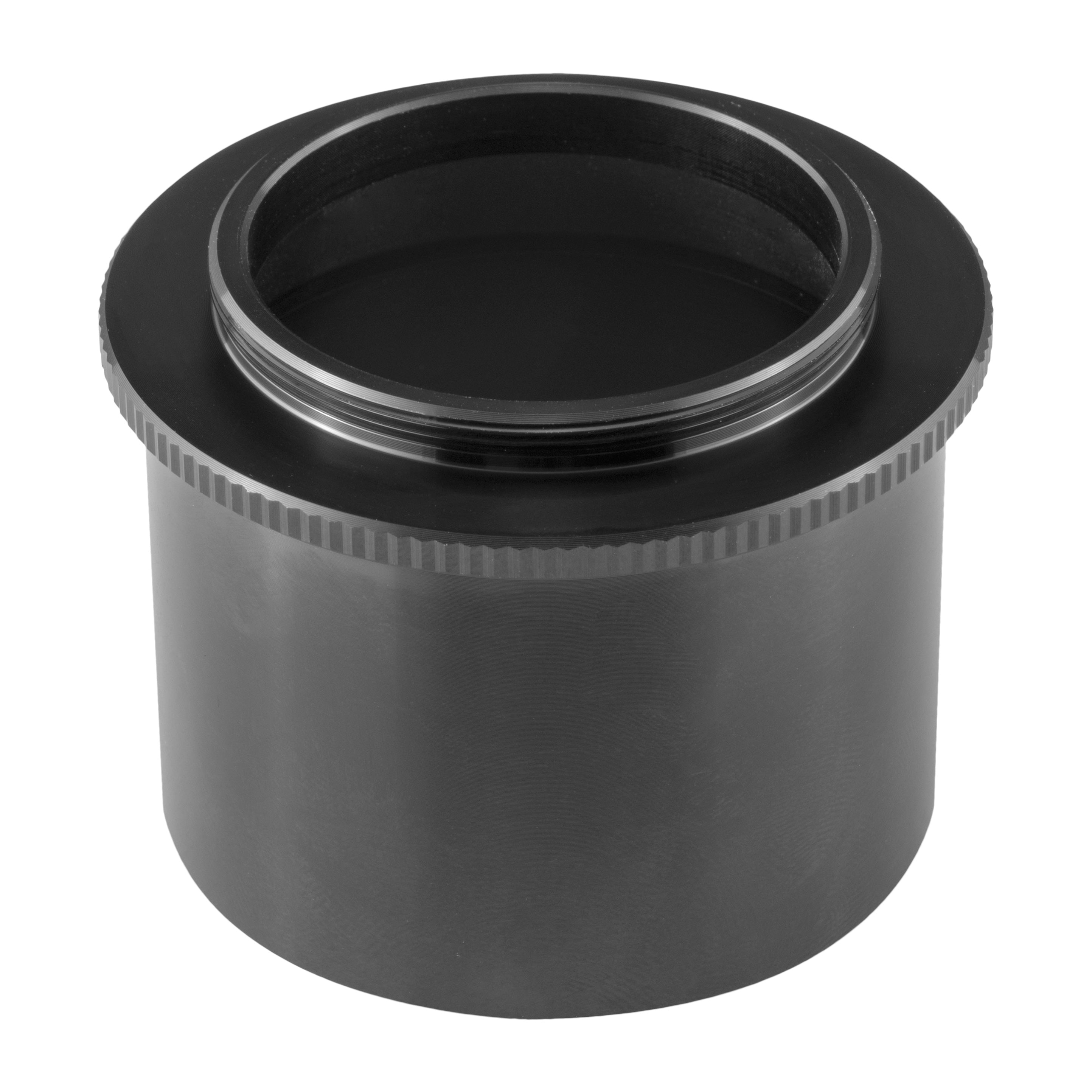Explore Scientific 50mm 2-inch T2 camera adapter, a short black cylindrical adapter with a threaded camera end