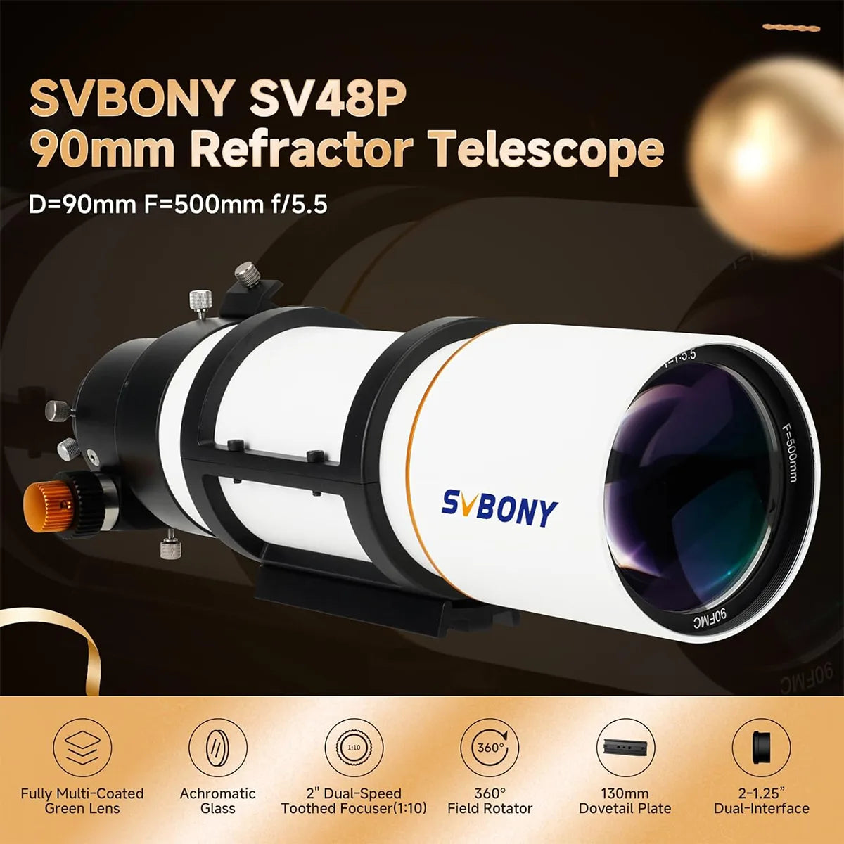 SVBONY SV48P 90mm achromatic refractor OTA for deep-sky astrophotography