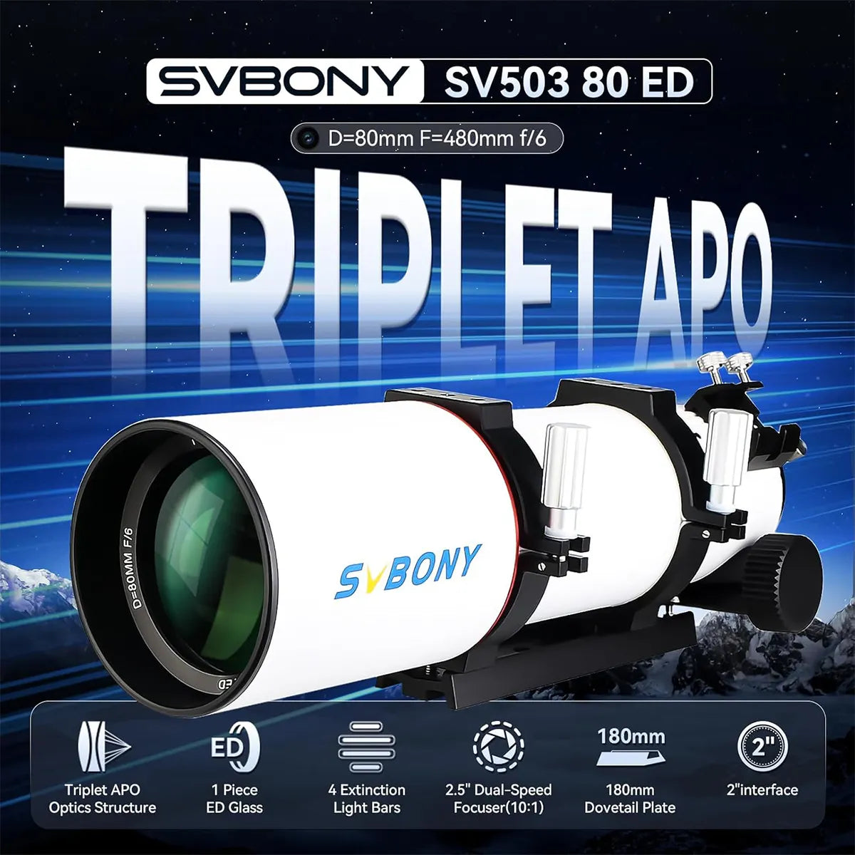 SVBONY SV550 80mm f/6 triplet APO refractor telescope OTA for deep-sky imaging and travel observing