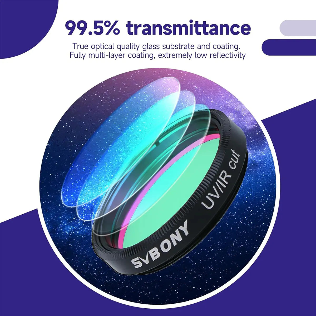SVBONY 1.25 inch UV/IR cut filter for colour planetary and deep-sky astrophotography cameras