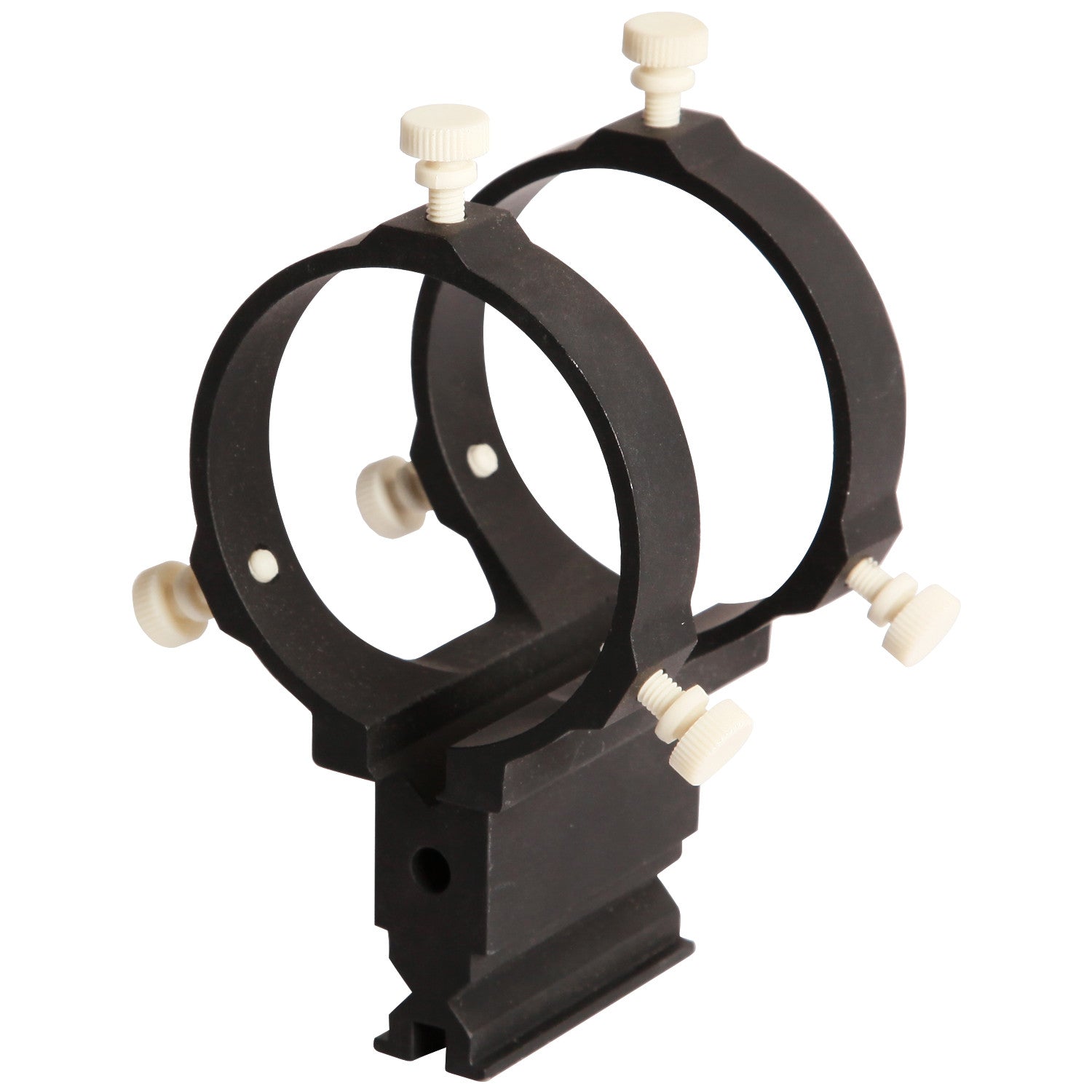 A second view of the two-ring finder bracket showing the tall standoff and the quick-release dovetail foot at its base.