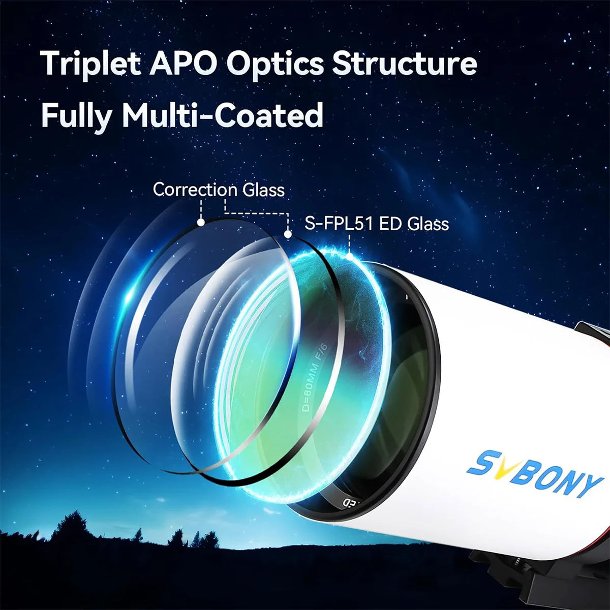 SVBONY SV550 80mm f/6 triplet APO refractor telescope OTA for deep-sky imaging and travel observing
