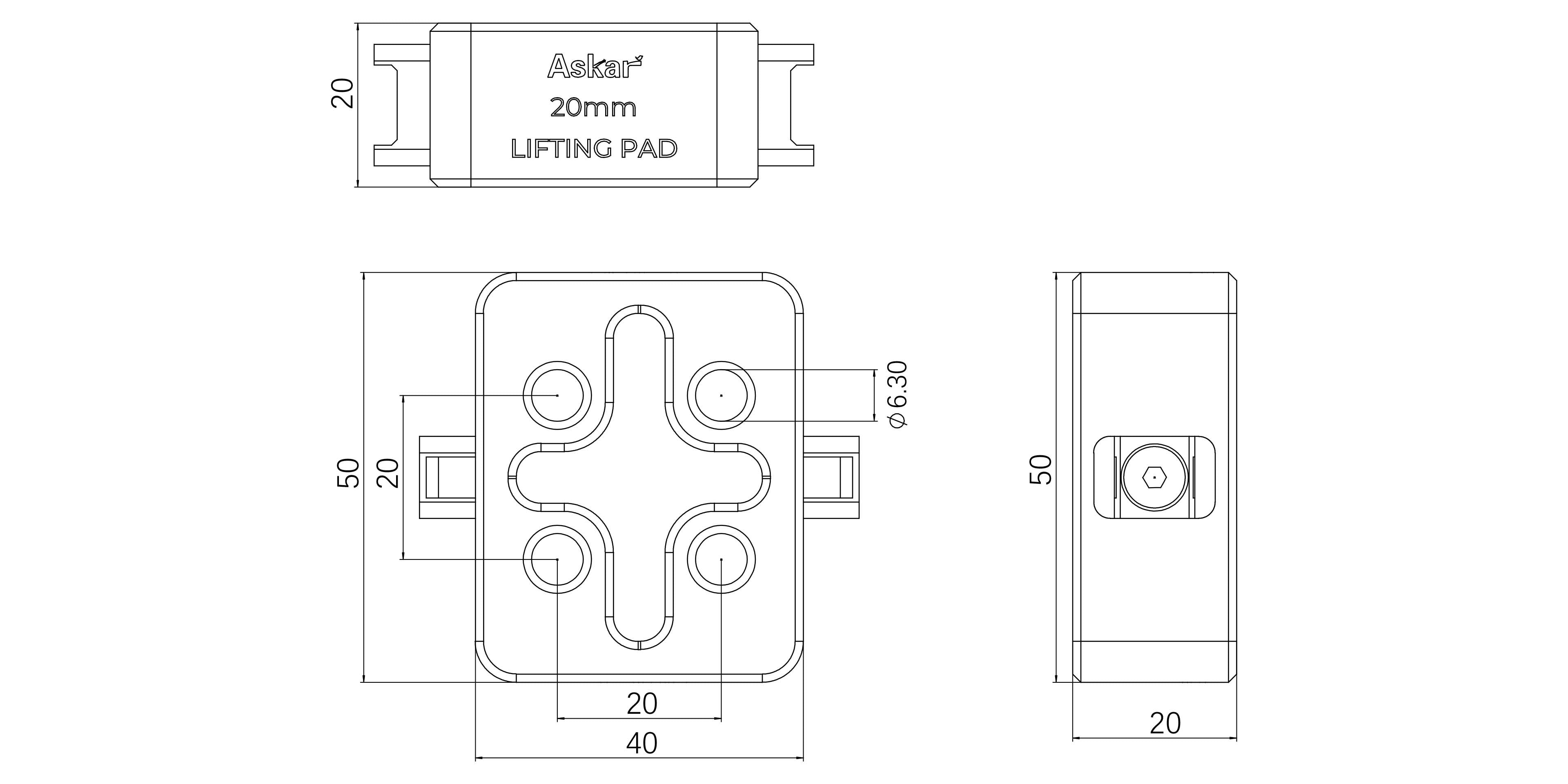 Askar SQA Series Heightening Section size diagram - 20mm height and mounting dimensions