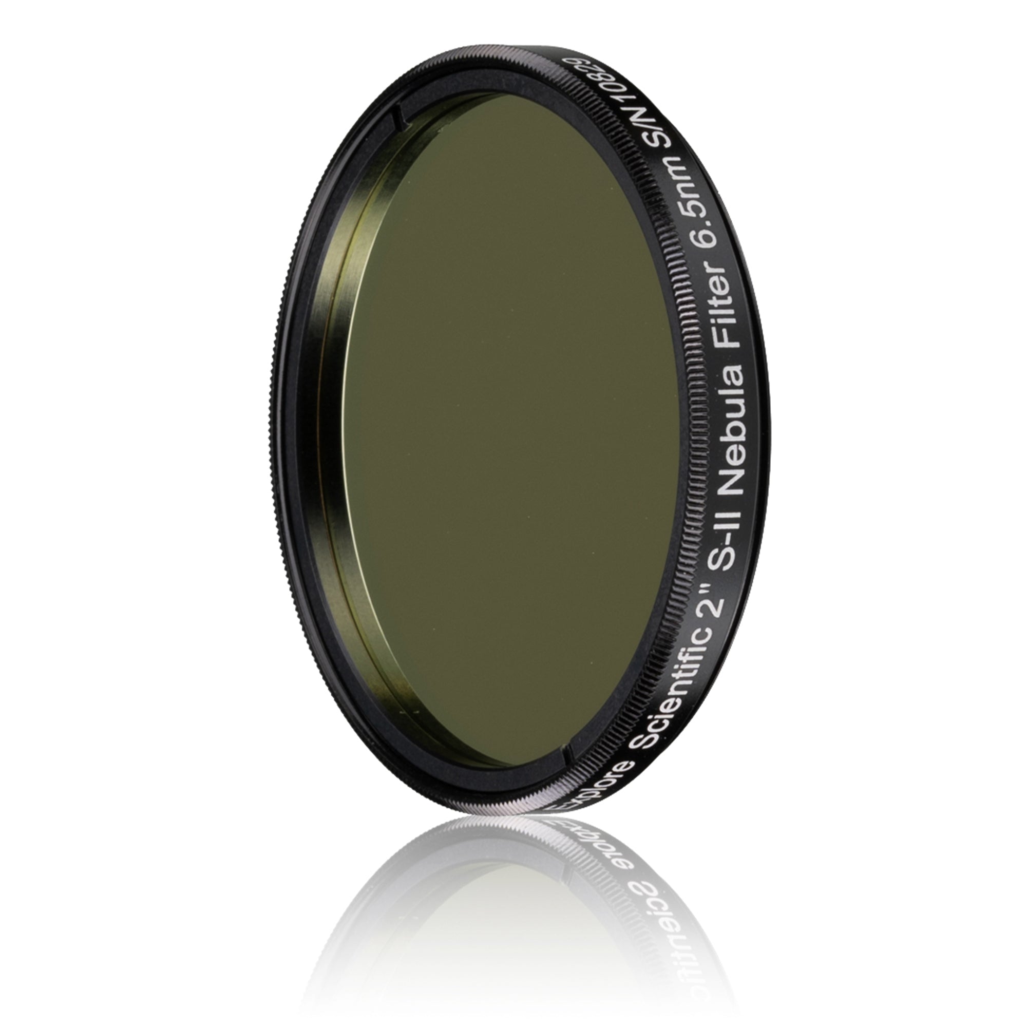 Angled view of the Explore Scientific 2-inch S-II 6.5nm nebula filter showing the cell depth and its 2-inch filter threads