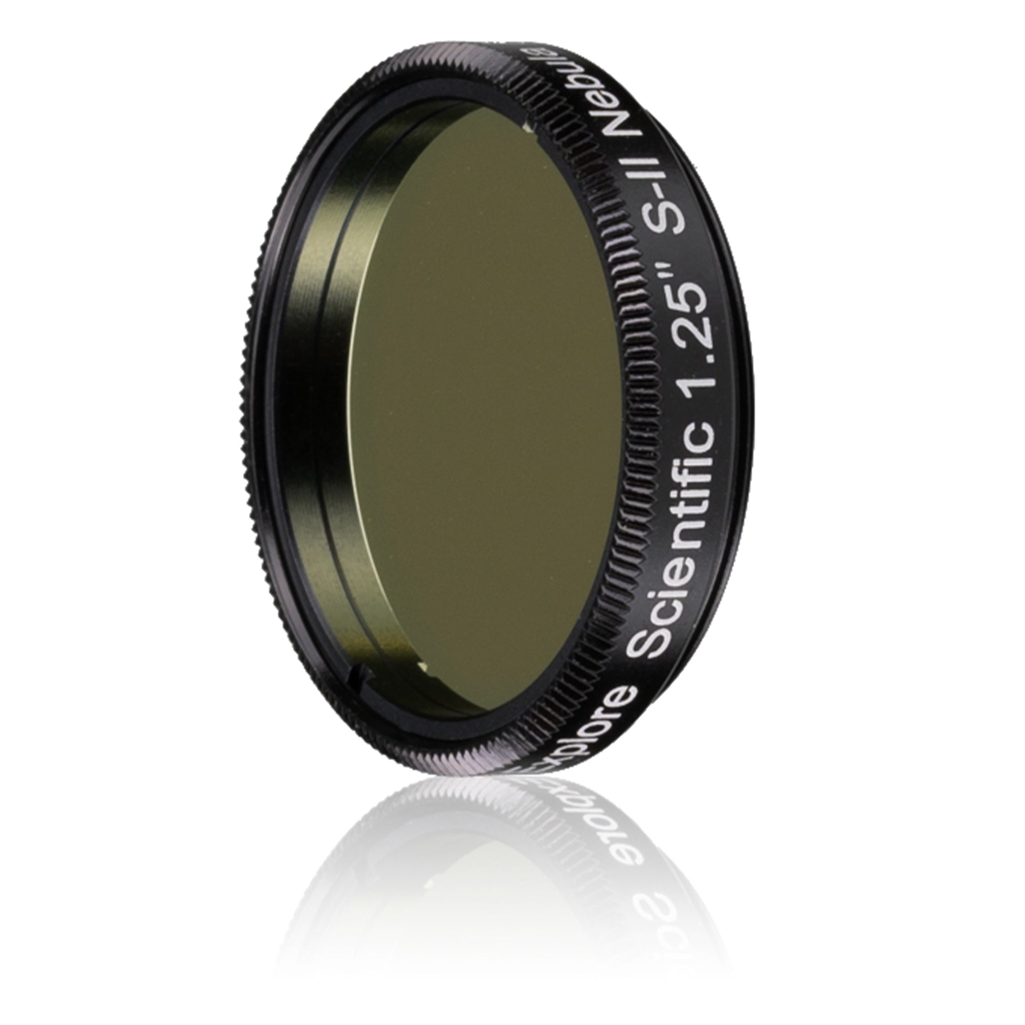 Angled view of the Explore Scientific 1.25-inch S-II 6.5nm nebula filter showing the mounted cell and its 1.25-inch filter threads