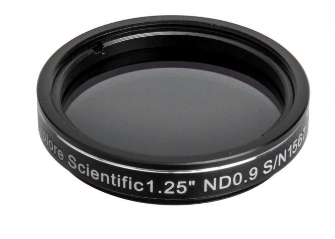 Explore Scientific ND 0.9 neutral density filter showing the threaded metal cell and dark grey neutral glass