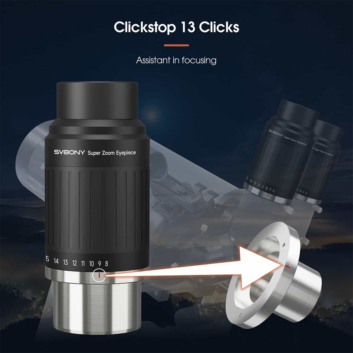 SVBONY SV230 8-20mm aspheric click-stop zoom eyepiece with 1.25″ and 2″ barrels for planetary and lunar observing