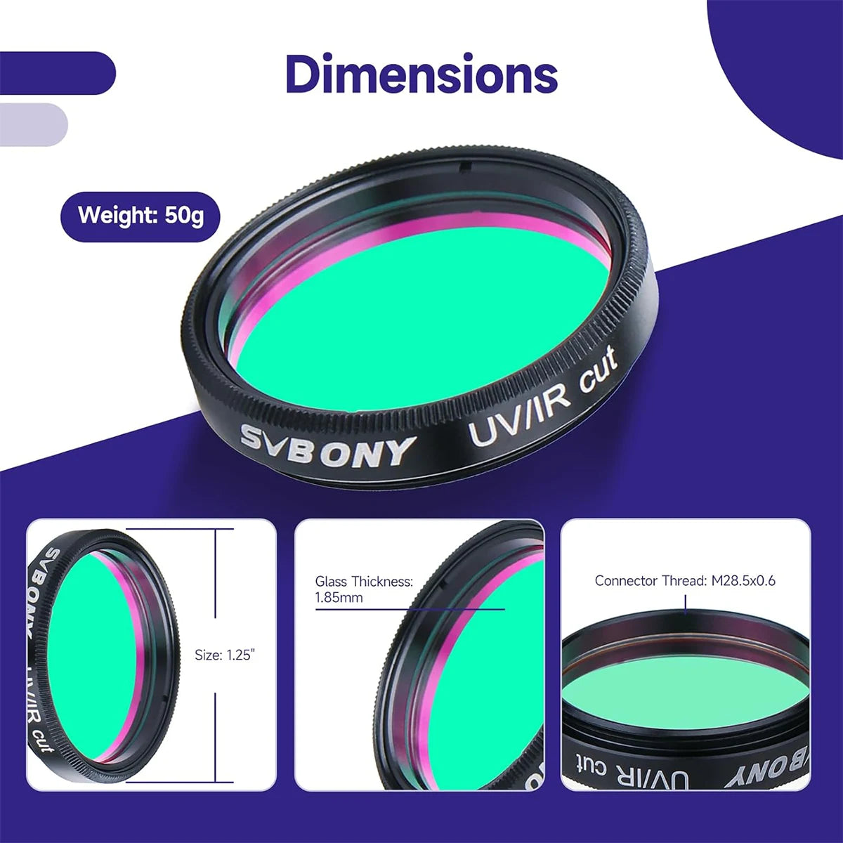 SVBONY 1.25 inch UV/IR cut filter for colour planetary and deep-sky astrophotography cameras