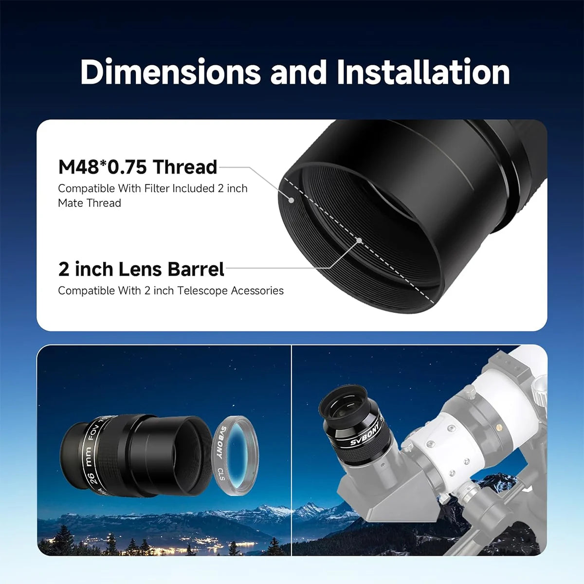 SVBONY SV154 2 inch 26mm 70 degree super wide angle eyepiece for low-power deep-sky observing