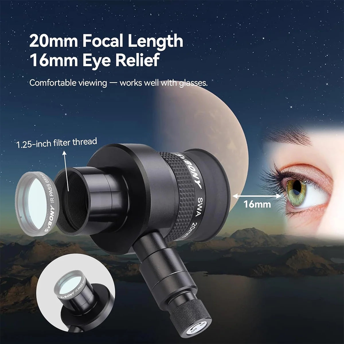 SVBONY SV152 20mm 70 degree 1.25 inch illuminated crosshair eyepiece for star centring and guiding
