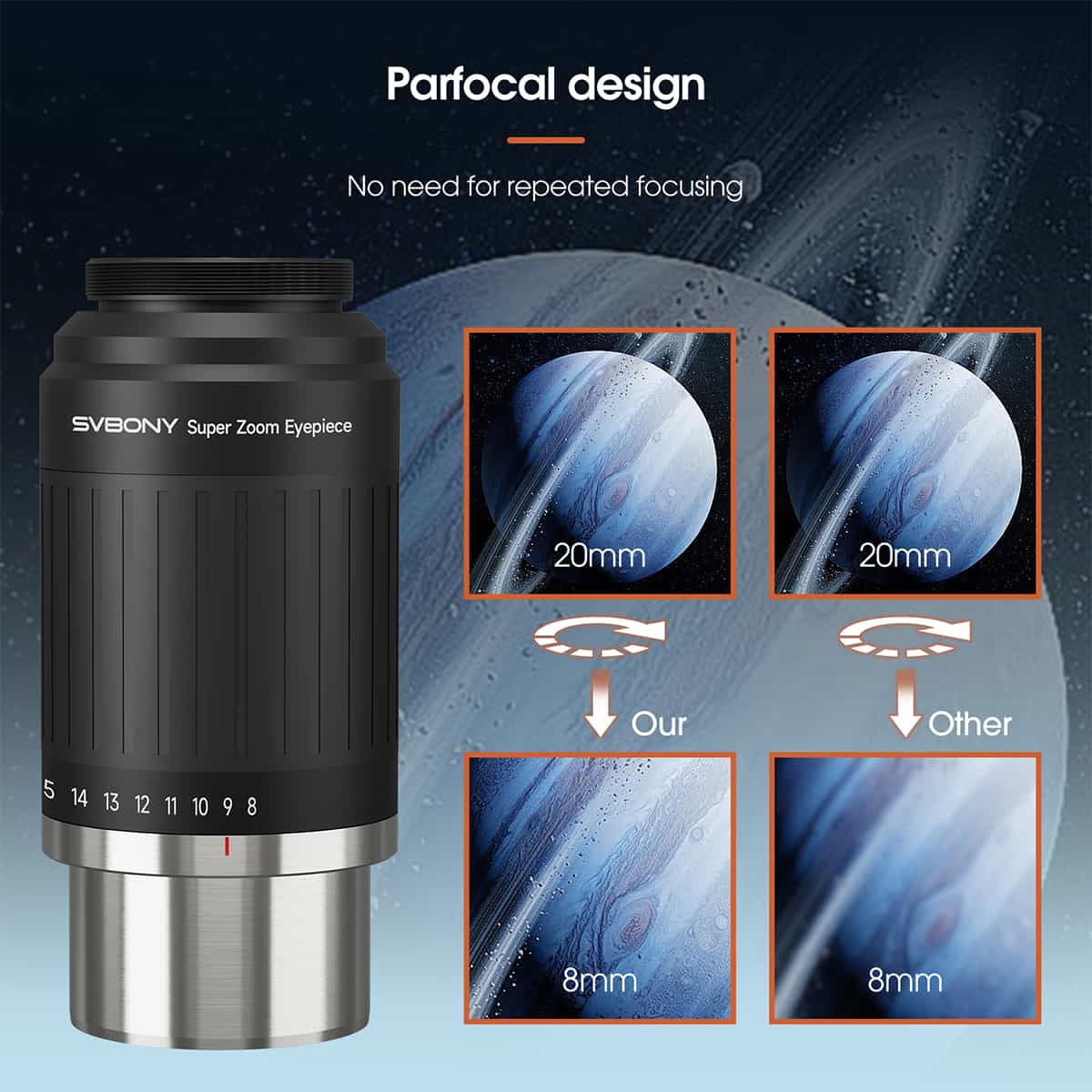 SVBONY SV230 8-20mm aspheric click-stop zoom eyepiece with 1.25″ and 2″ barrels for planetary and lunar observing