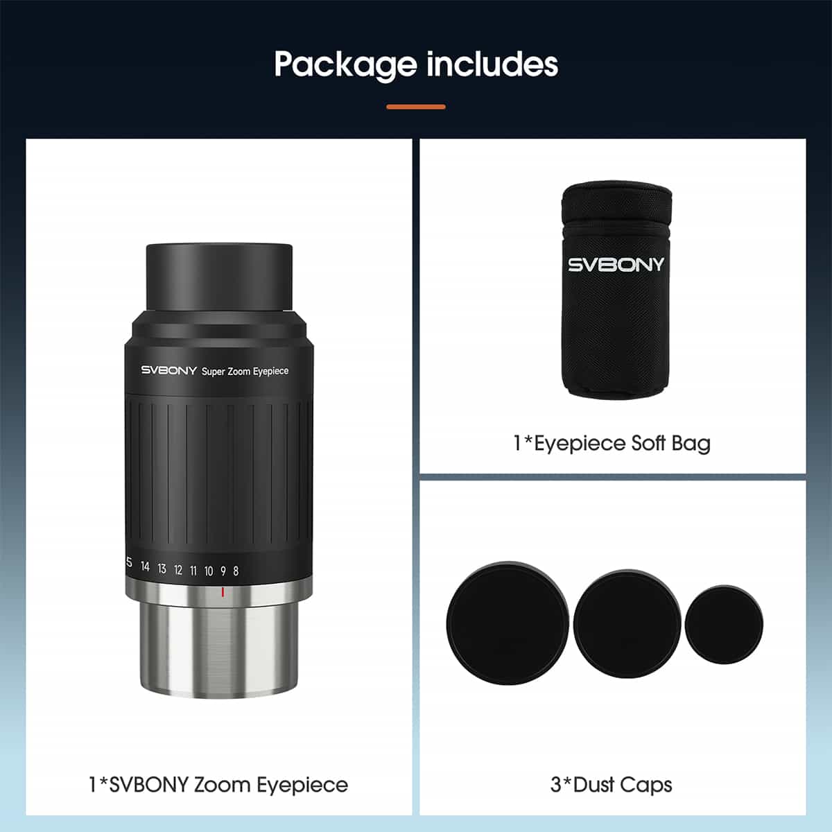 SVBONY SV230 8-20mm aspheric click-stop zoom eyepiece with 1.25″ and 2″ barrels for planetary and lunar observing