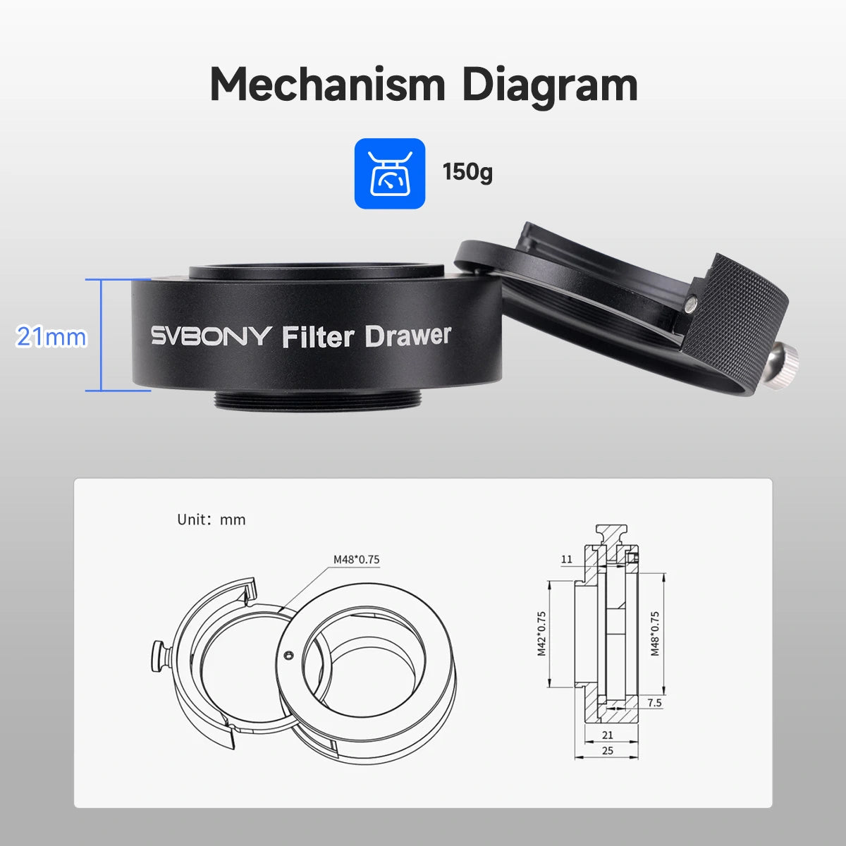 SVBONY SV226P M42 filter drawer for SV238 off-axis guider, holds 1.25 and 2 inch filters