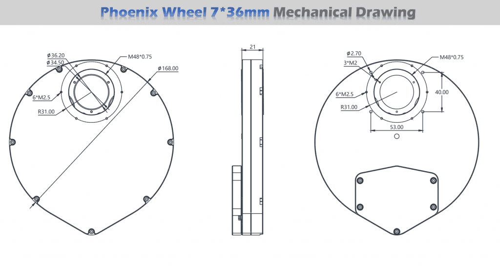 Player One Astronomy Phoenix 7x36mm filter wheel mechanical dimensions and 21mm thickness drawing