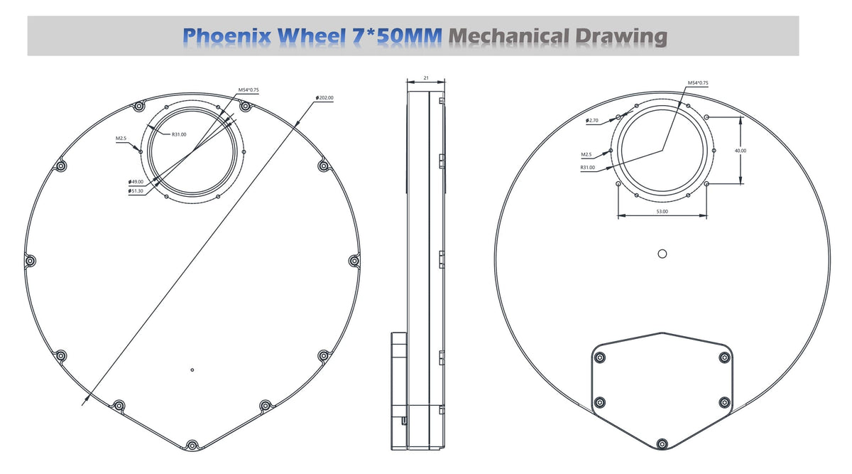 Player One Phoenix 7x50mm filter wheel dimensional drawing