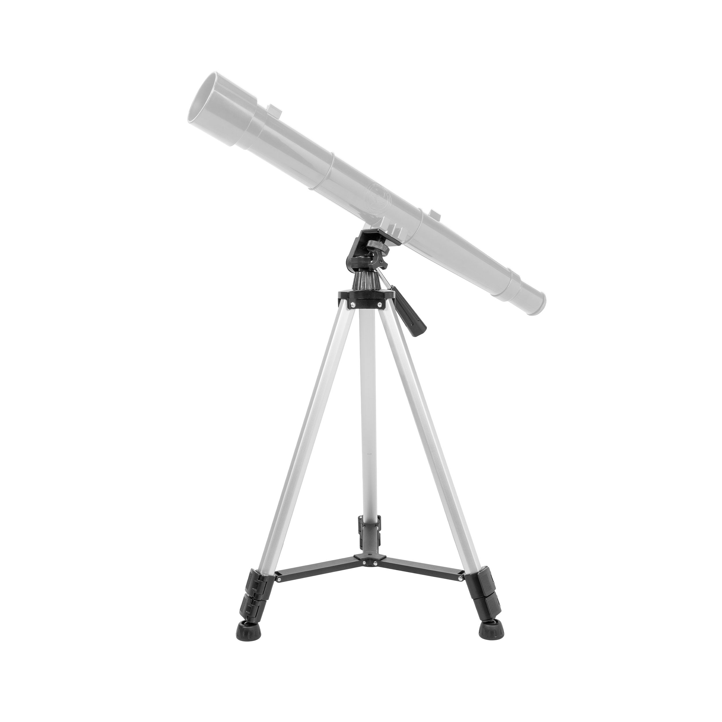 The Galileoscope tripod standing fully extended, with three legs, a panhandle arm and a twist-lock mounting head.