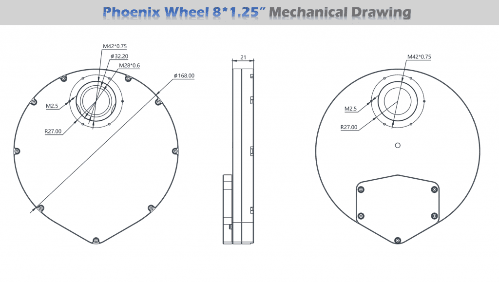 Player One Astronomy Phoenix 8x1.25 inch filter wheel mechanical dimensions and 21mm thickness drawing