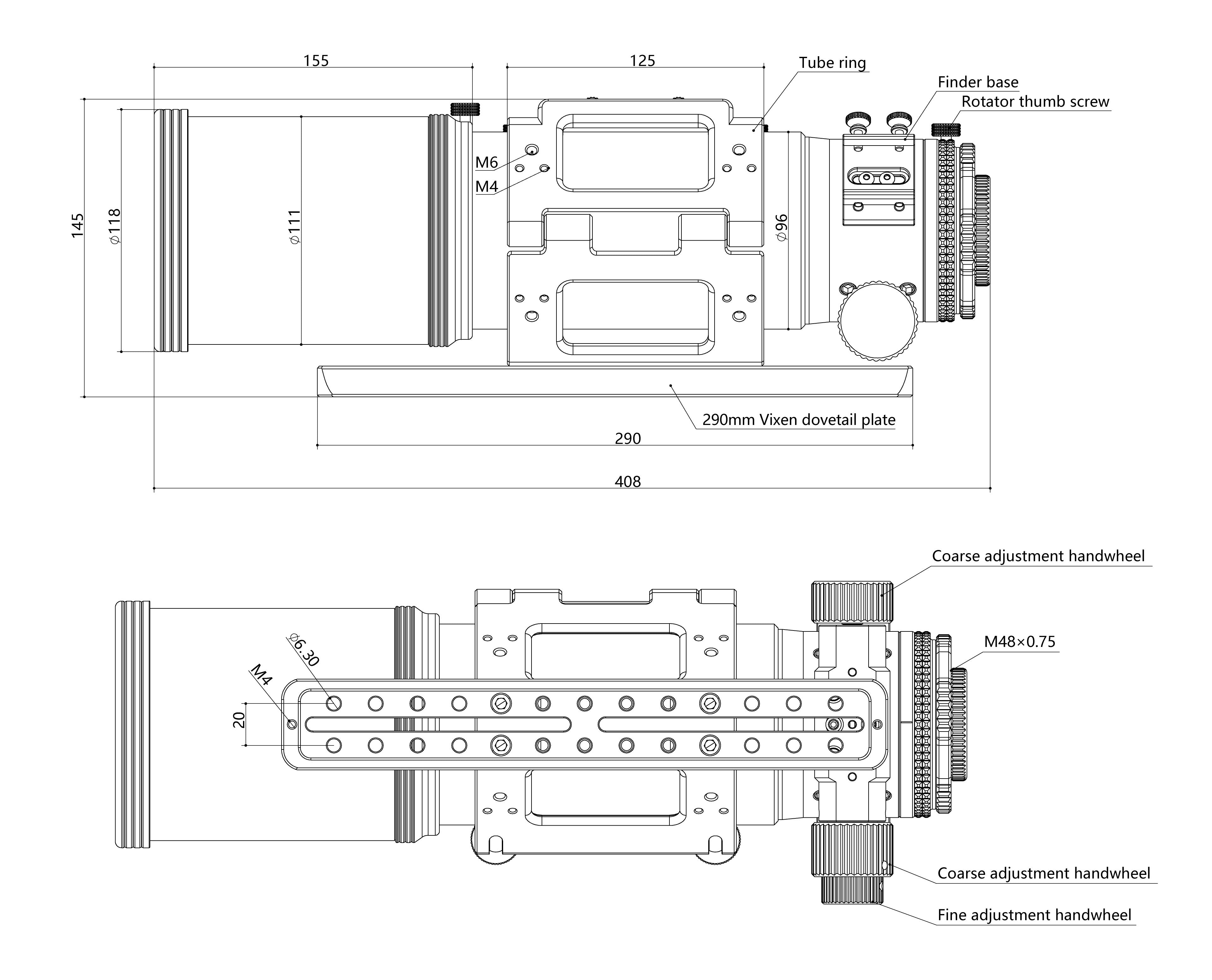 Askar SQA85 Product Size Diagram - mechanical tube dimensions with dew shield contracted and extended