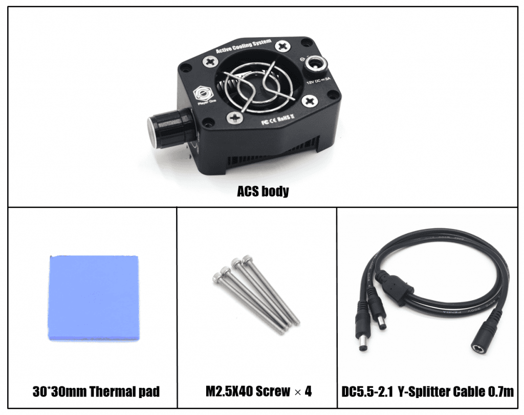 Player One Astronomy Active Cooling System ACS package contents for camera cooling accessory