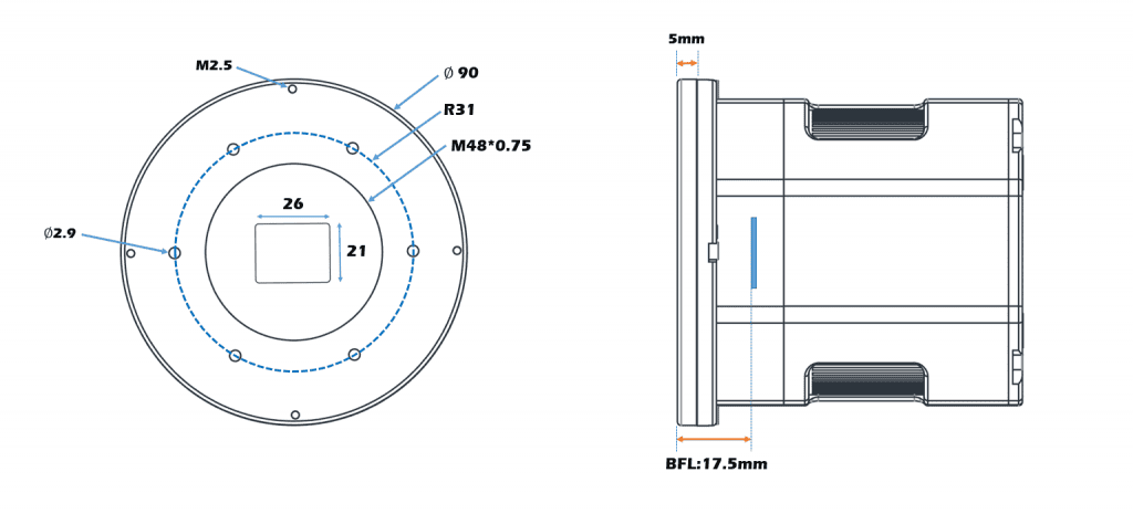 Player One Astronomy Artemis-M Pro cooled camera internal structure drawing
