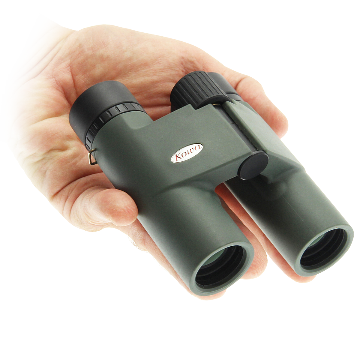 Kowa BD25 8x25 compact binocular shown in hand for scale
