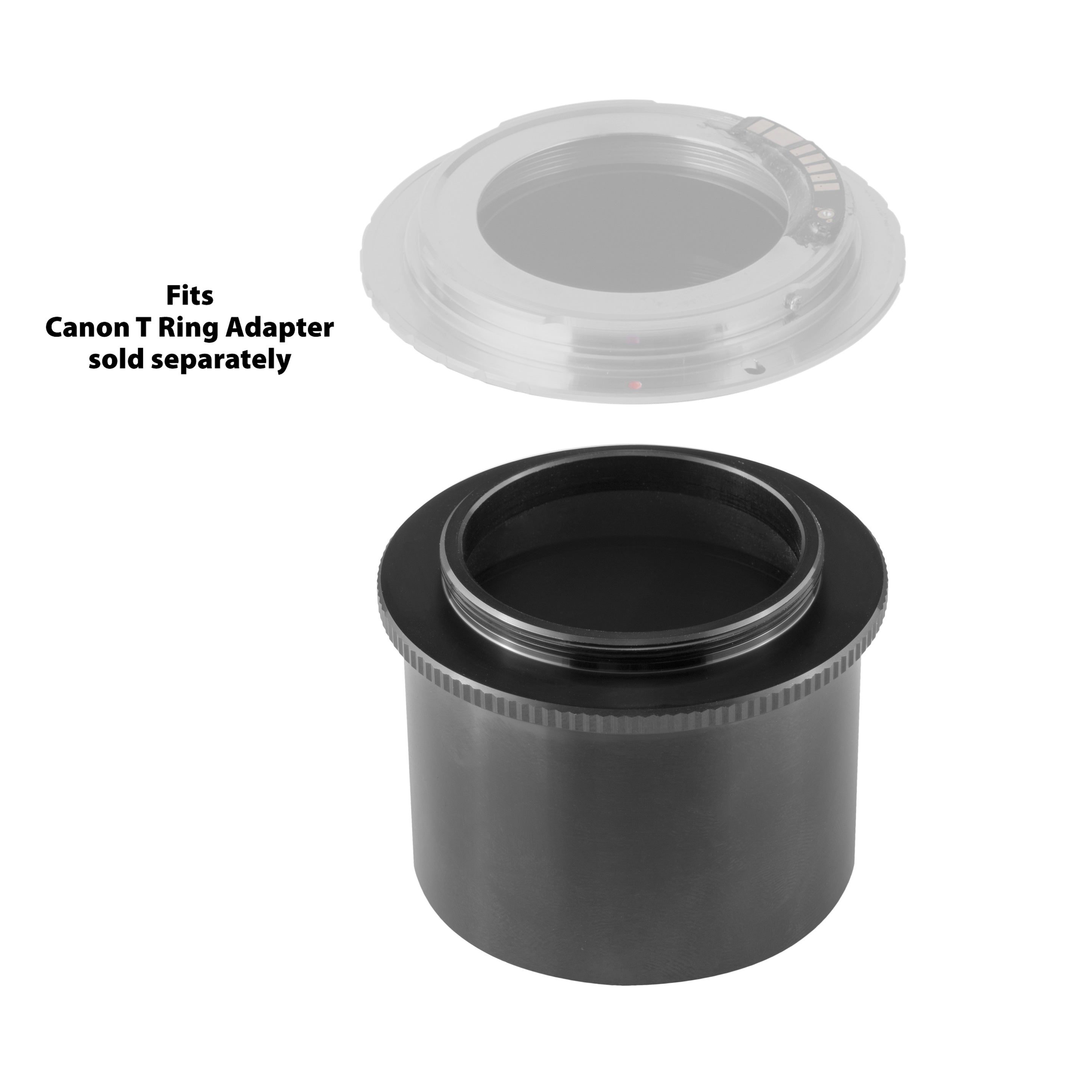 The T2 camera adapter shown with a Canon camera mount ring to illustrate how a T-ring attaches