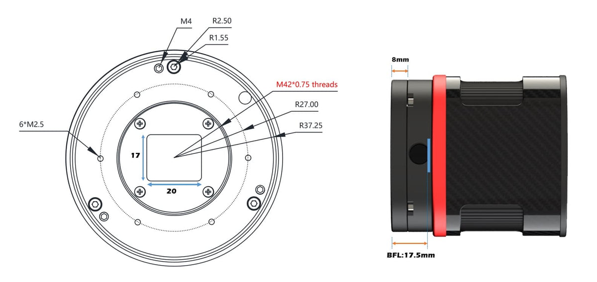 Player One Astronomy Uranus-C Pro cooled camera internal structure drawing