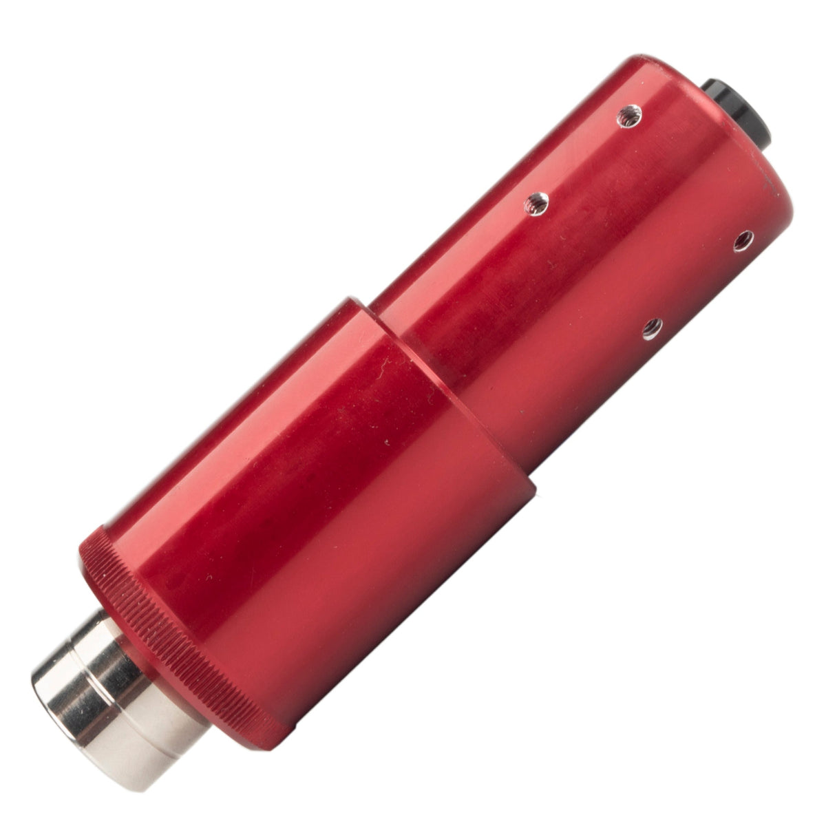 Side profile of the Farpoint 1.25-inch laser collimator showing the red anodized single-piece machined aluminum body and eight-screw alignment system