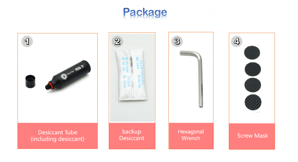 Player One Desiccant Tube package contents