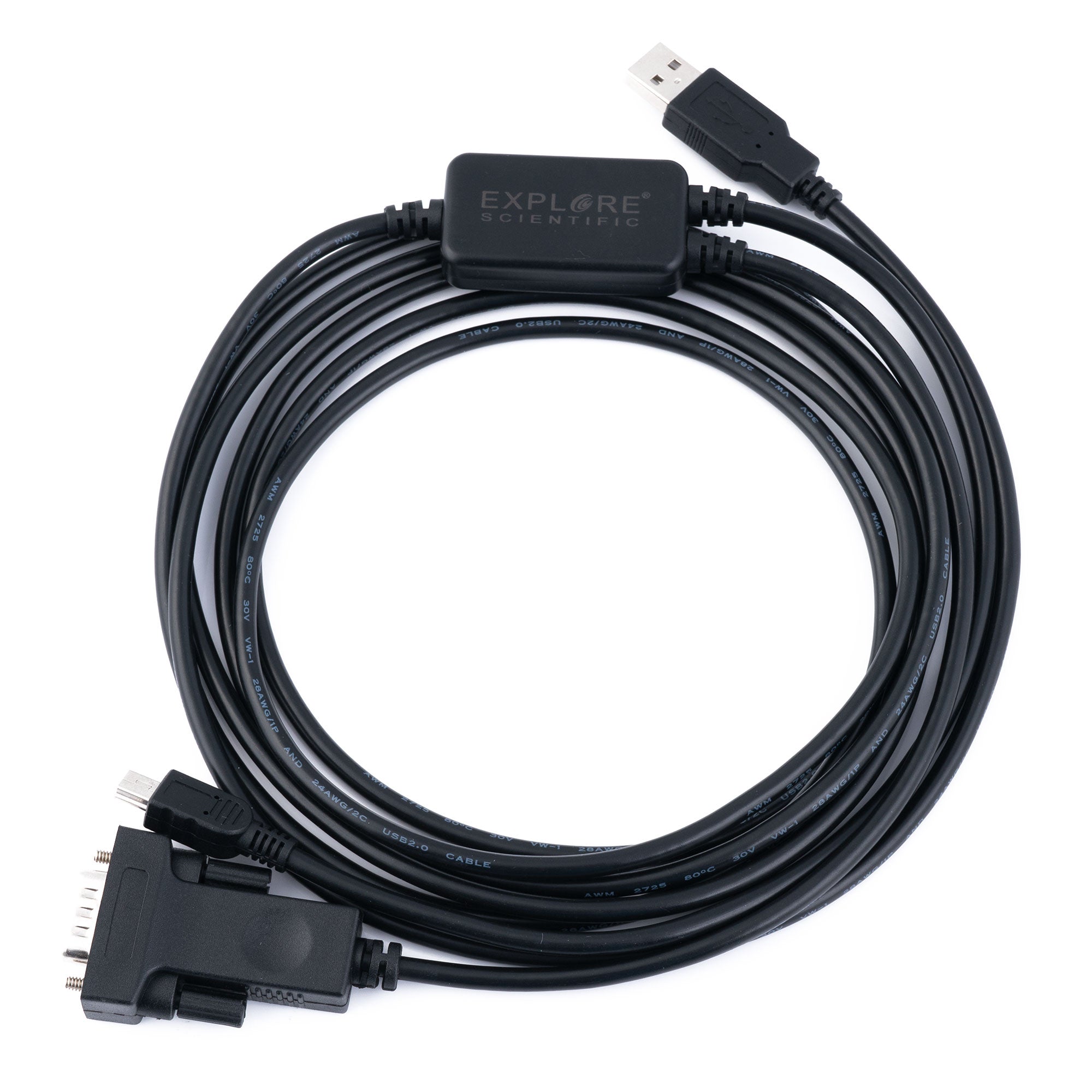 Explore Scientific ES-ASCOM-Y black Y-cable coiled, showing the DB9 serial plug and the USB 2.0 Mini B plug on separate legs