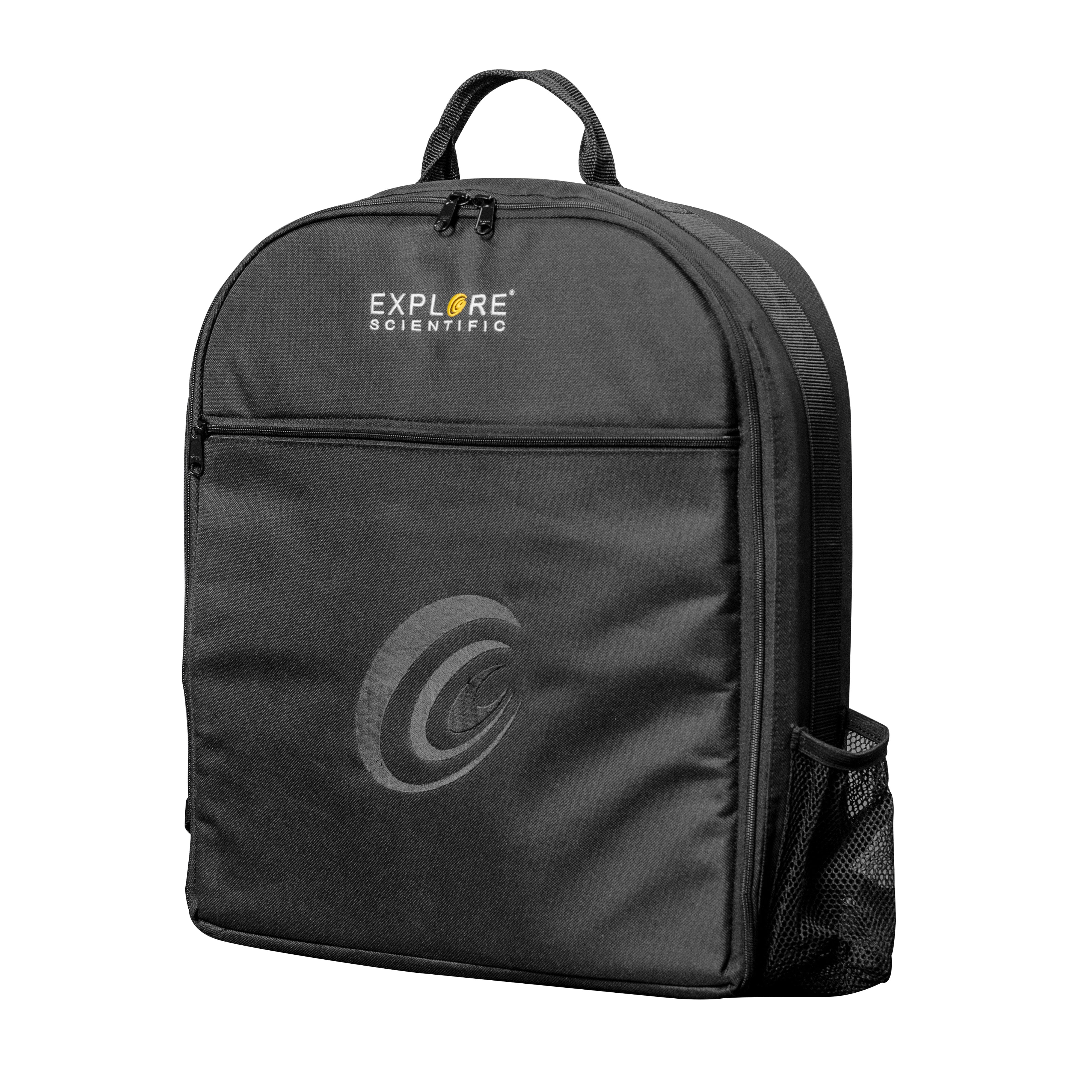 Explore Scientific black nylon telescope backpack carry case shown upright from the front with shoulder straps and mesh side pocket