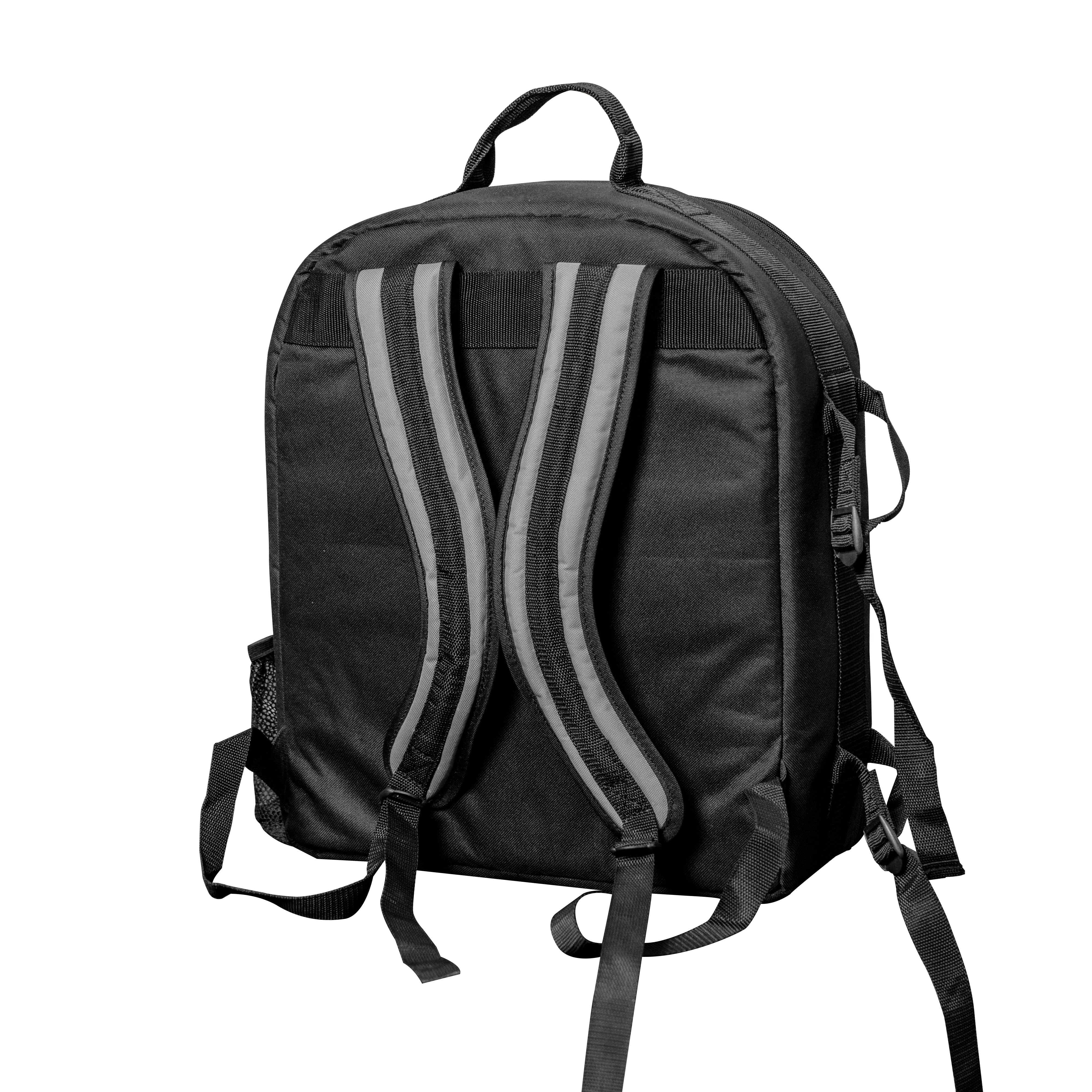 The backpack case opened to show the padded interior lined with hook-and-loop panels and adjustable dividers