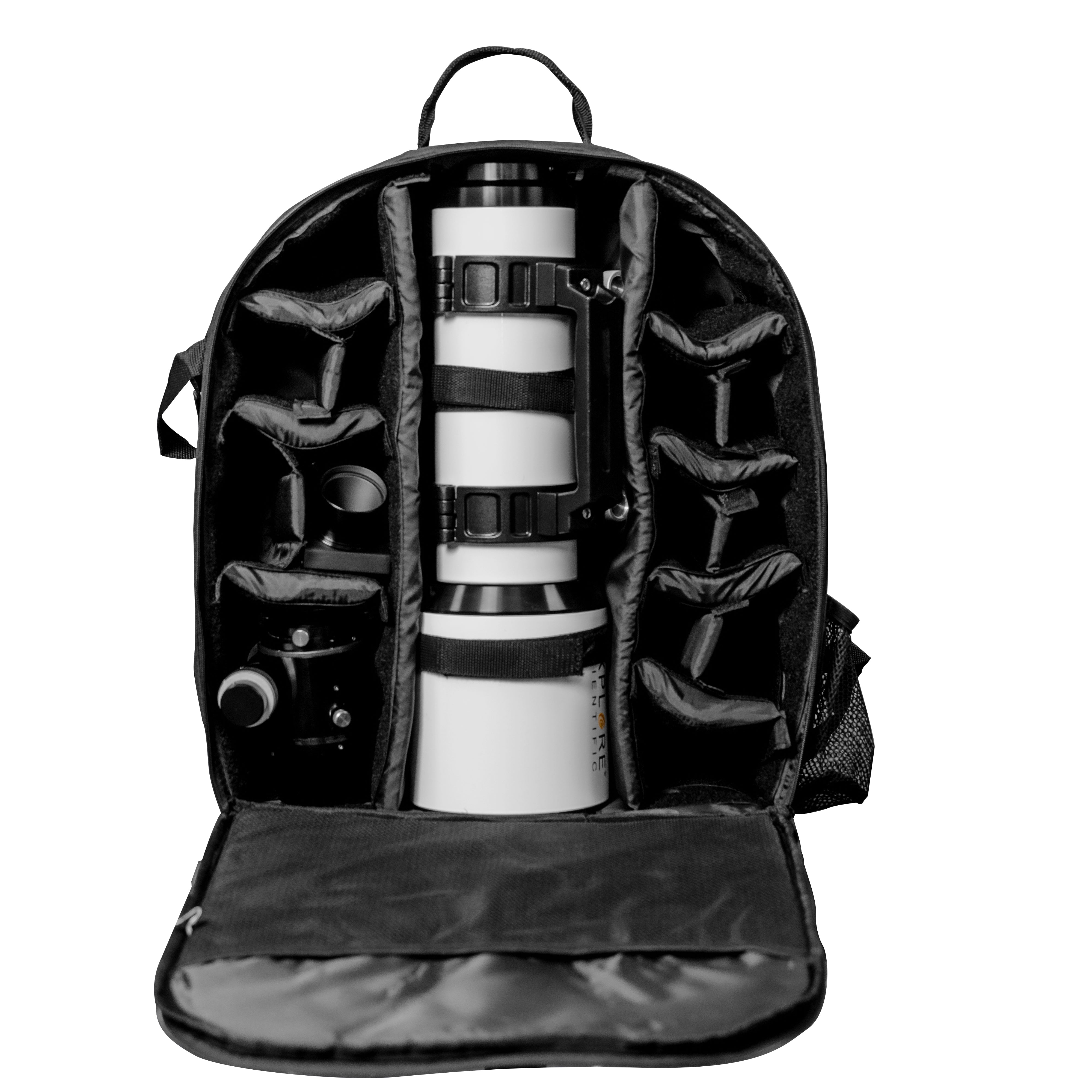 Side view of the Explore Scientific backpack case showing the exterior straps used to attach a small tripod