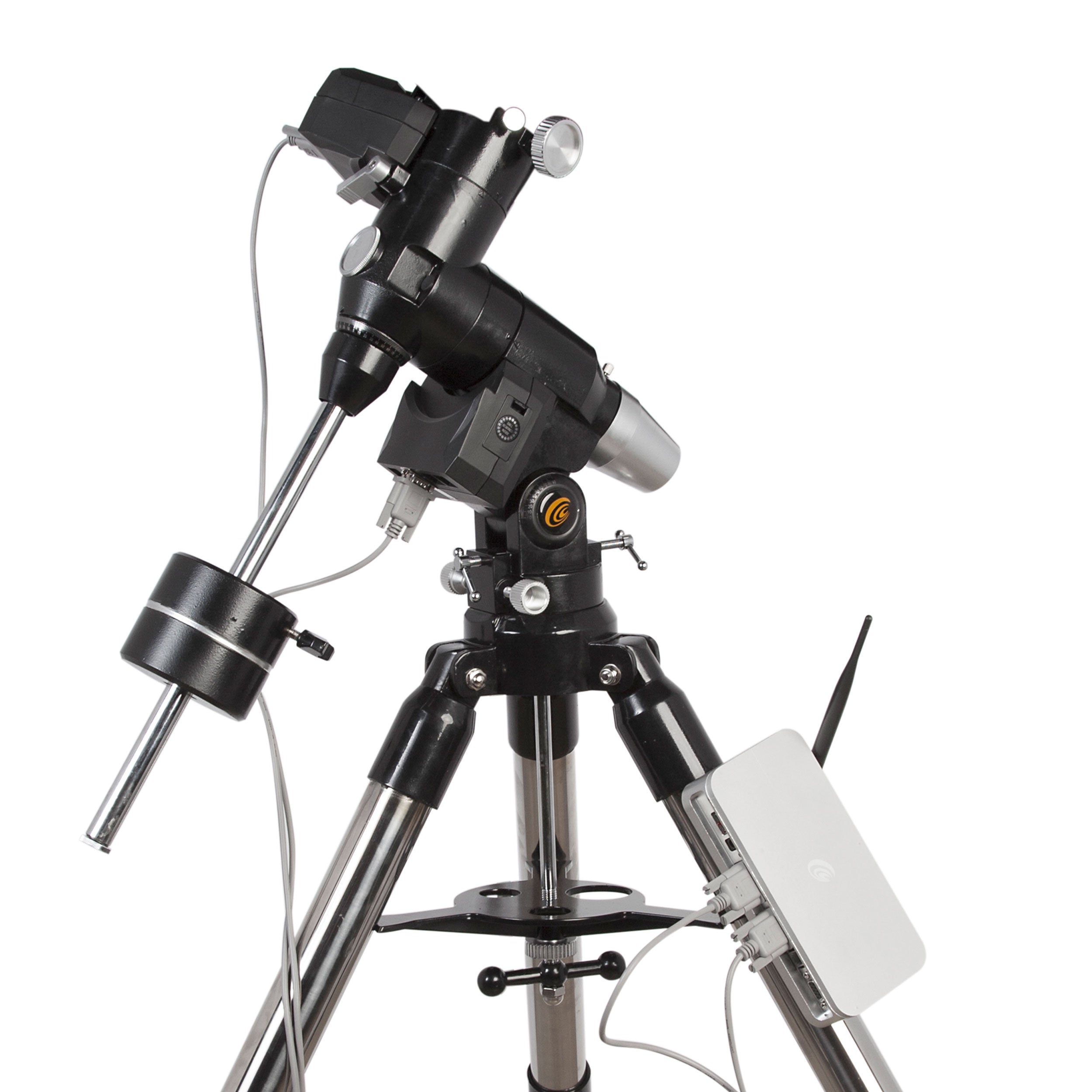 EXOS2-GT equatorial mount head showing Vixen-style saddle and counterweight shaft