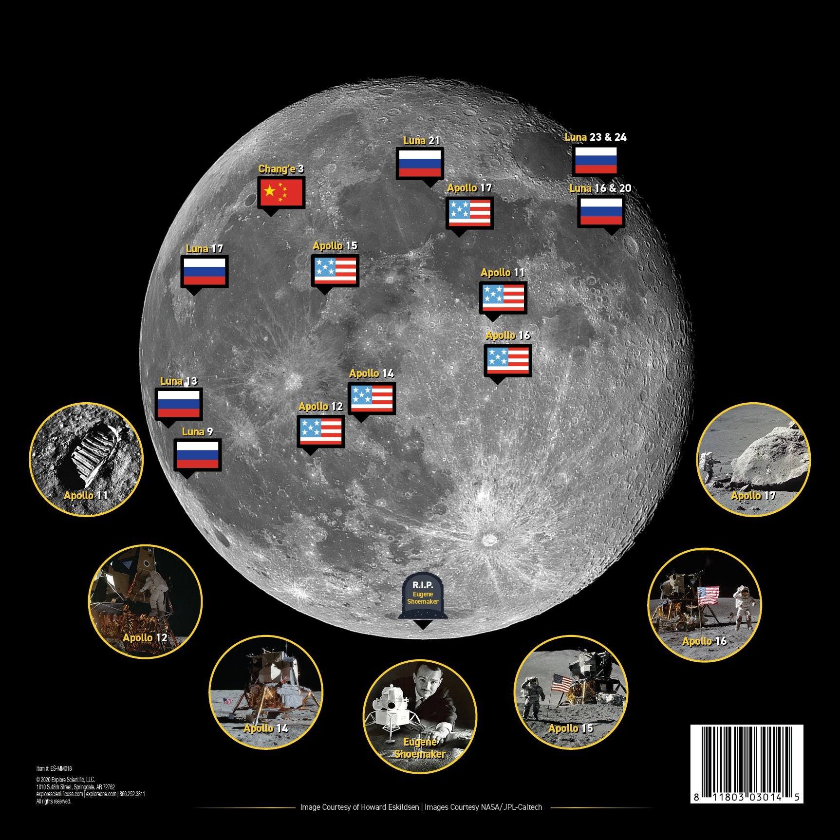 Reverse side of the Moon map showing the landing sites of United States, Russian and Chinese lunar spacecraft marked on the lunar surface
