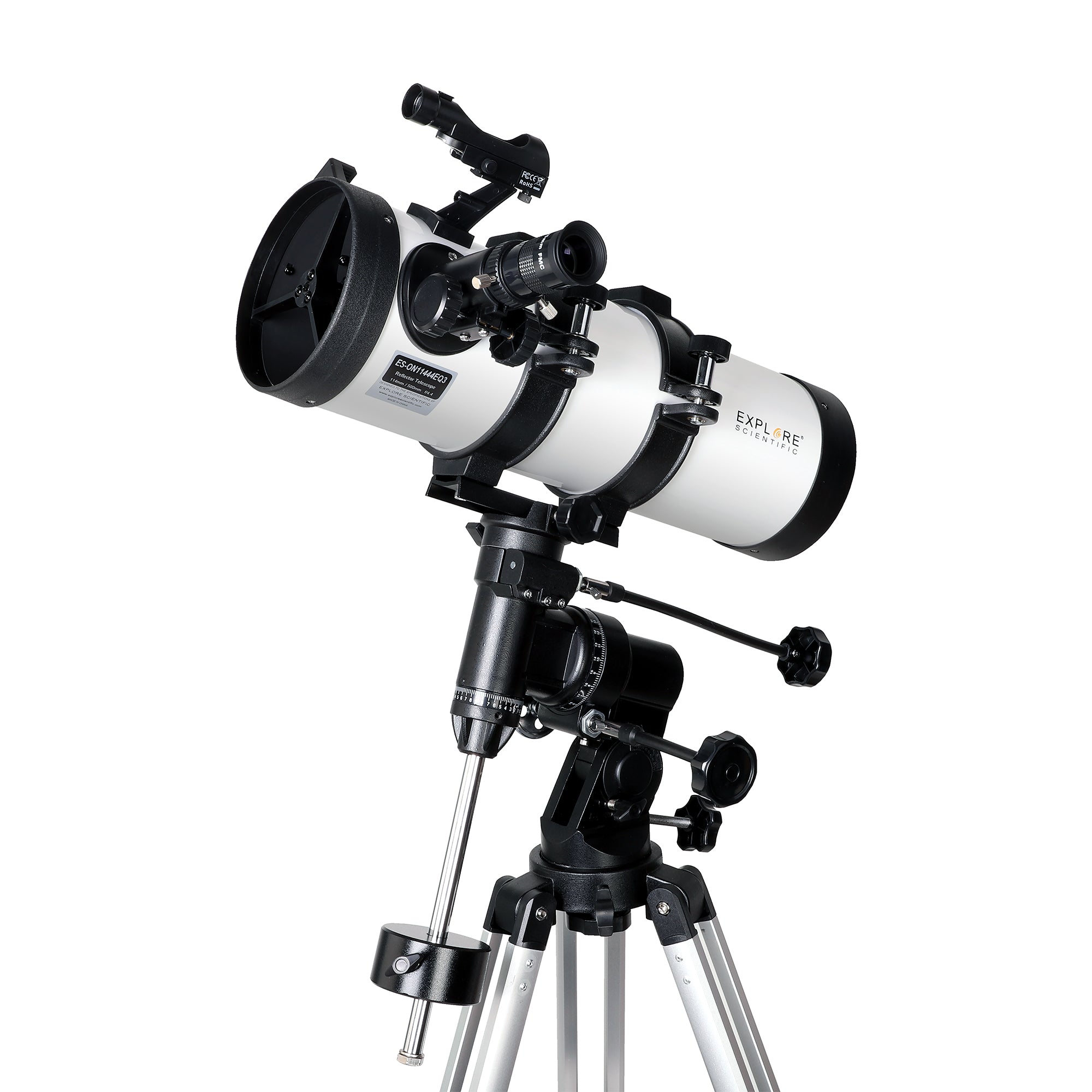 Explore Scientific 114mm f/4.4 Newtonian reflector telescope on equatorial mount