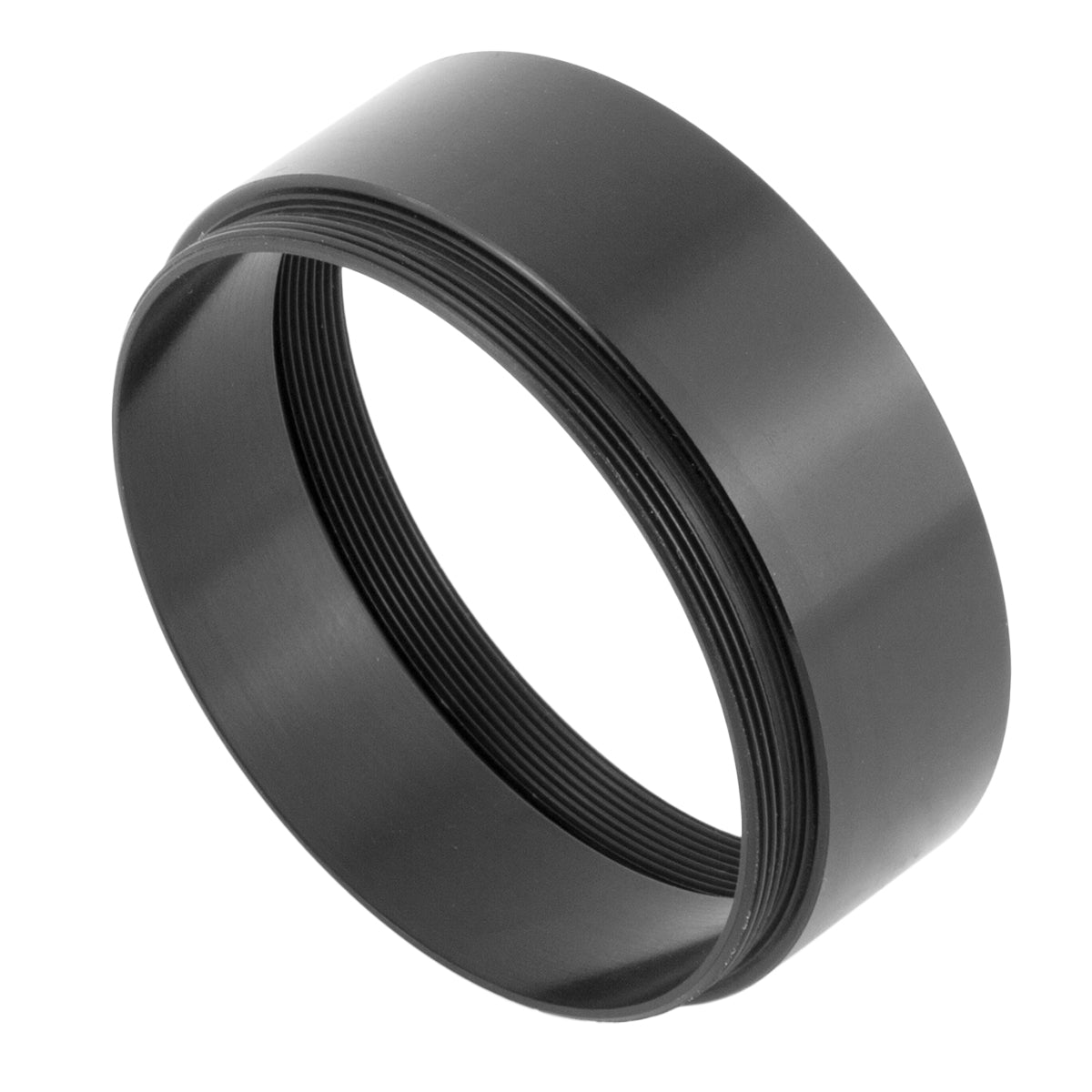 Side view of the short black anodised Explore Scientific focuser extension tube, a squat cylindrical spacer with a knurled outer band.