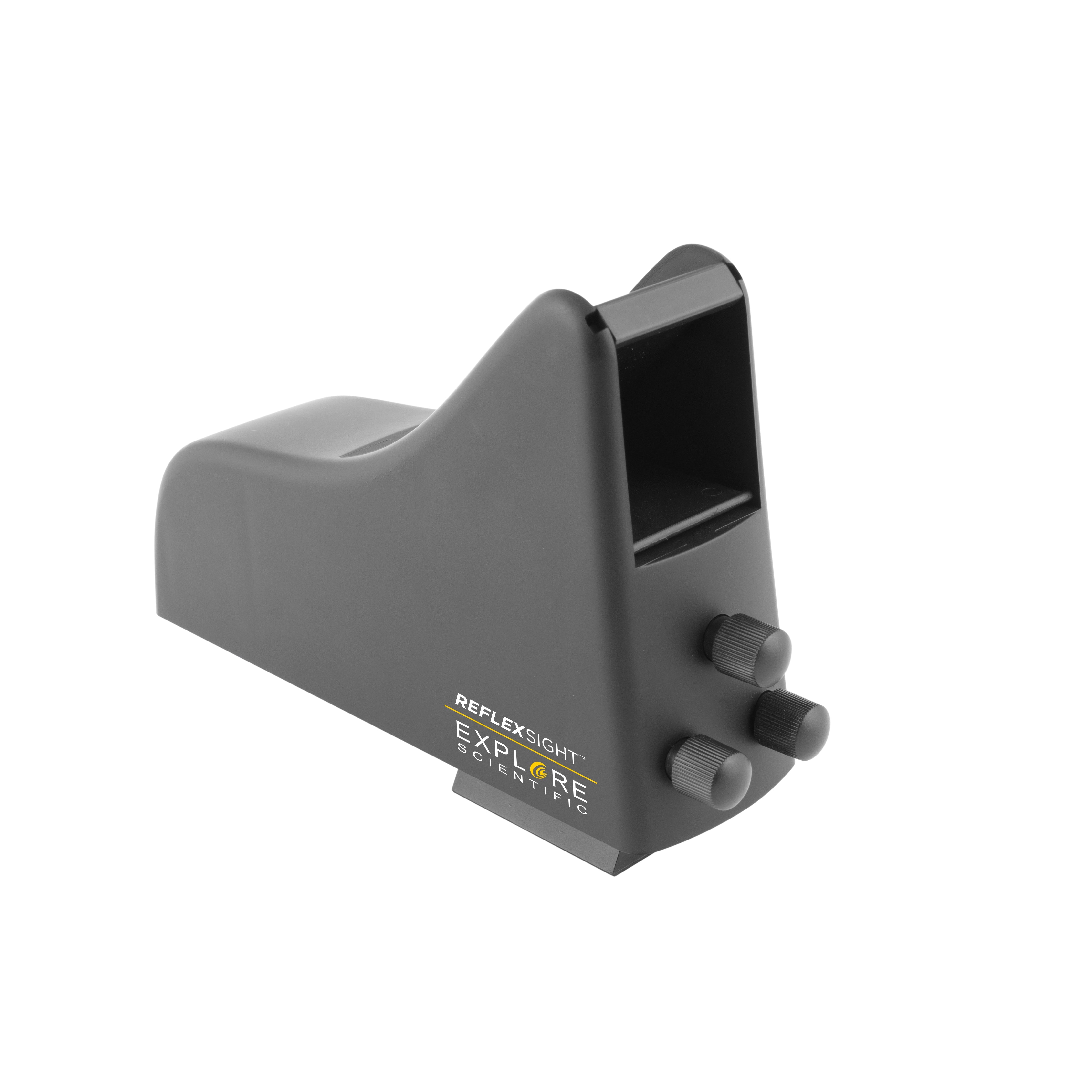 Explore Scientific ReflexSight zero-power red dot finder shown against a white background, with its projection window, brightness knob and mounting foot visible.