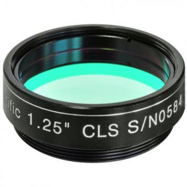 Close view of the 1.25-inch CLS filter showing the threaded metal cell and the blue-green tint of the coated glass