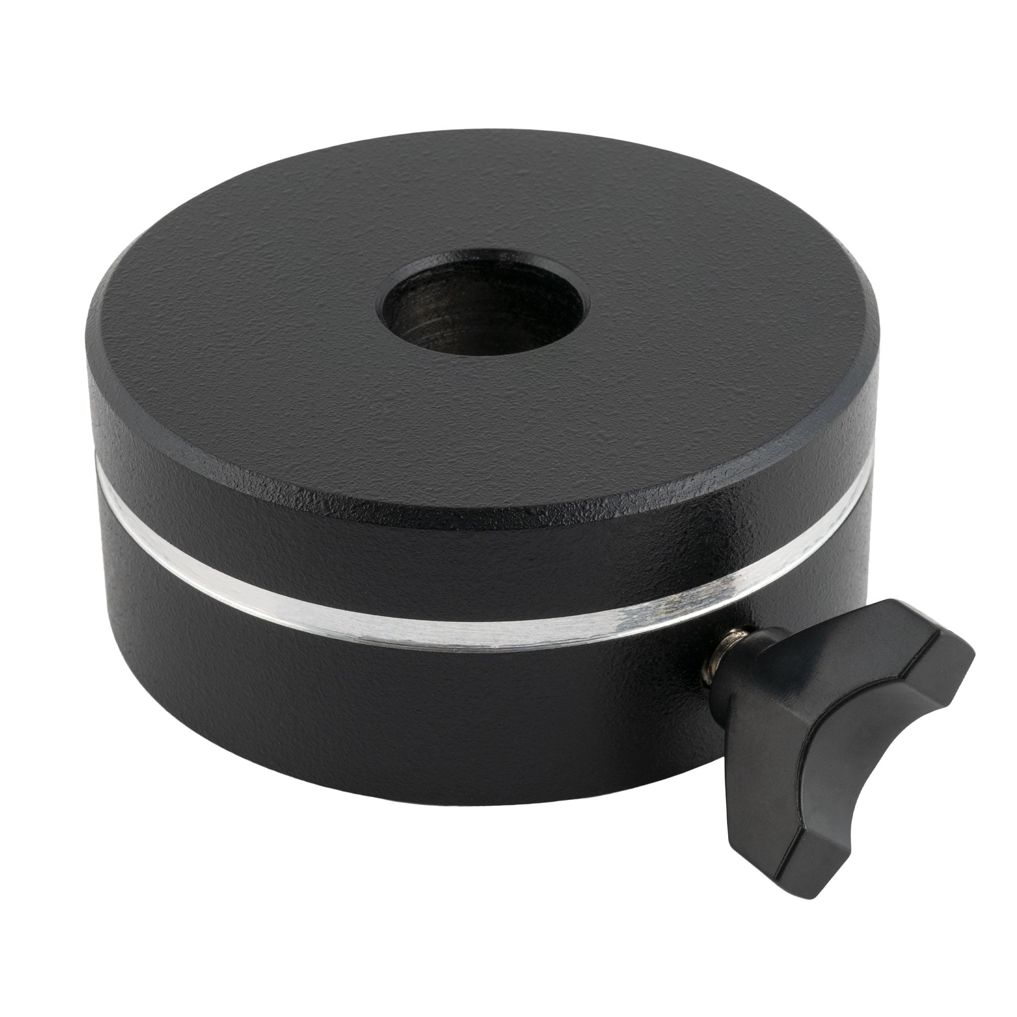 Explore Scientific 5 pound counterweight, a black cylindrical disc with a machined silver band around its circumference and a central bore
