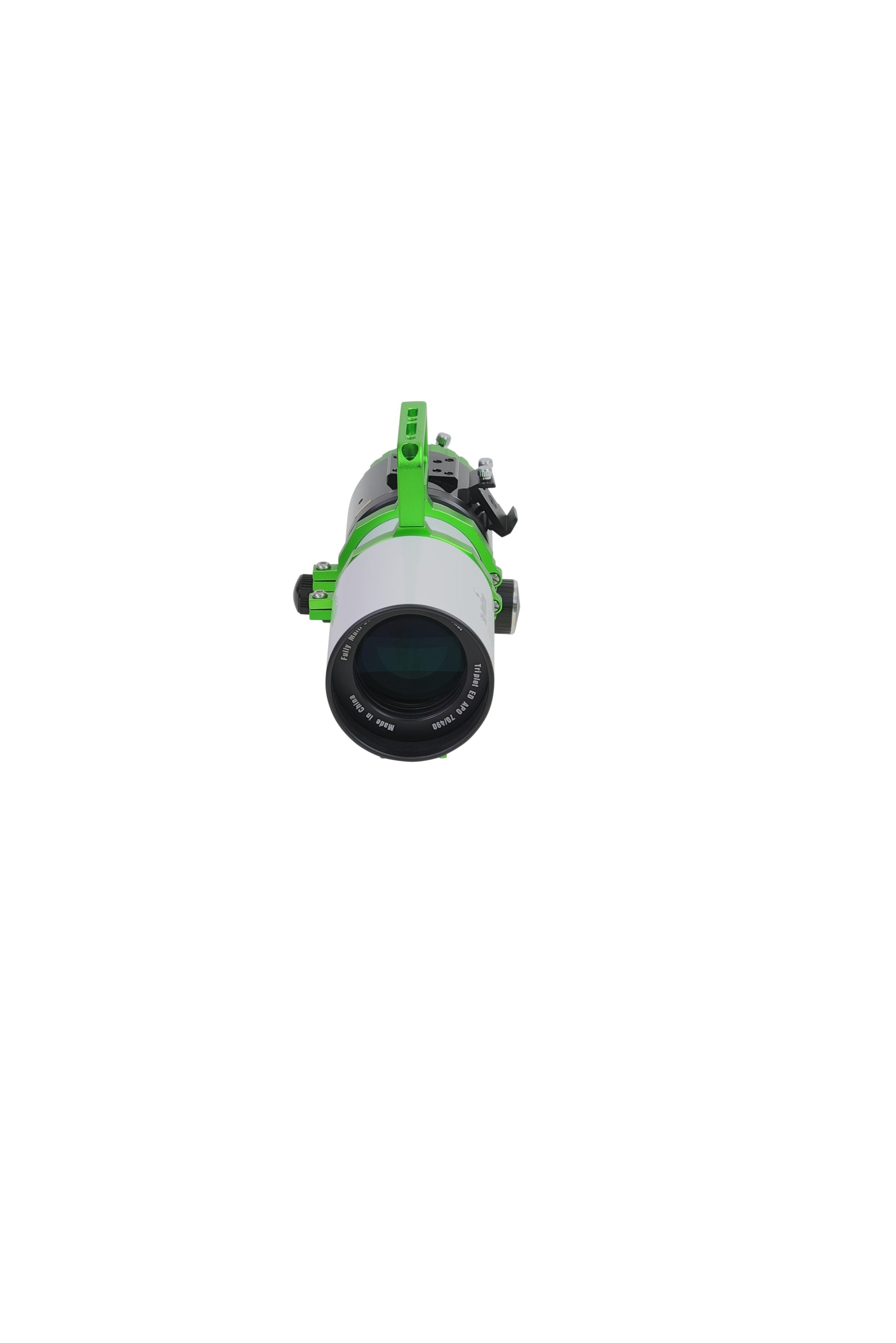 Sky-Watcher Esprit 70EDX super apo triplet refractor, head-on view of the 70mm air-spaced triplet objective, astrophotography telescope