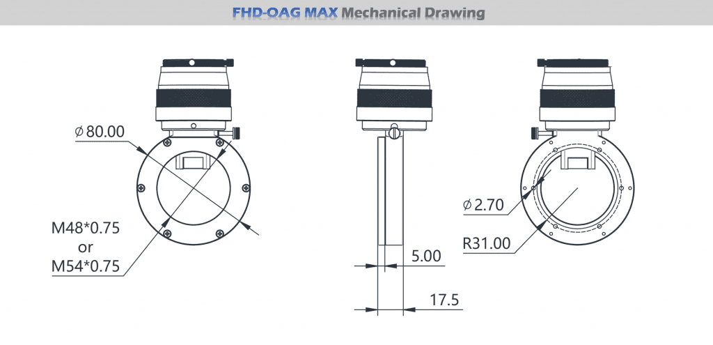 Player One Astronomy FHD-OAG MAX off-axis guider dimensional drawing showing 17.5mm extension length