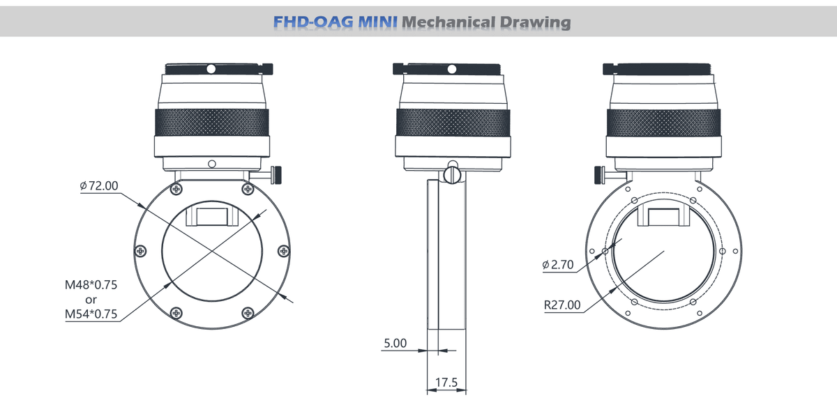 Player One Astronomy FHD-OAG MINI off-axis guider dimensional drawing showing 17.5mm extension length