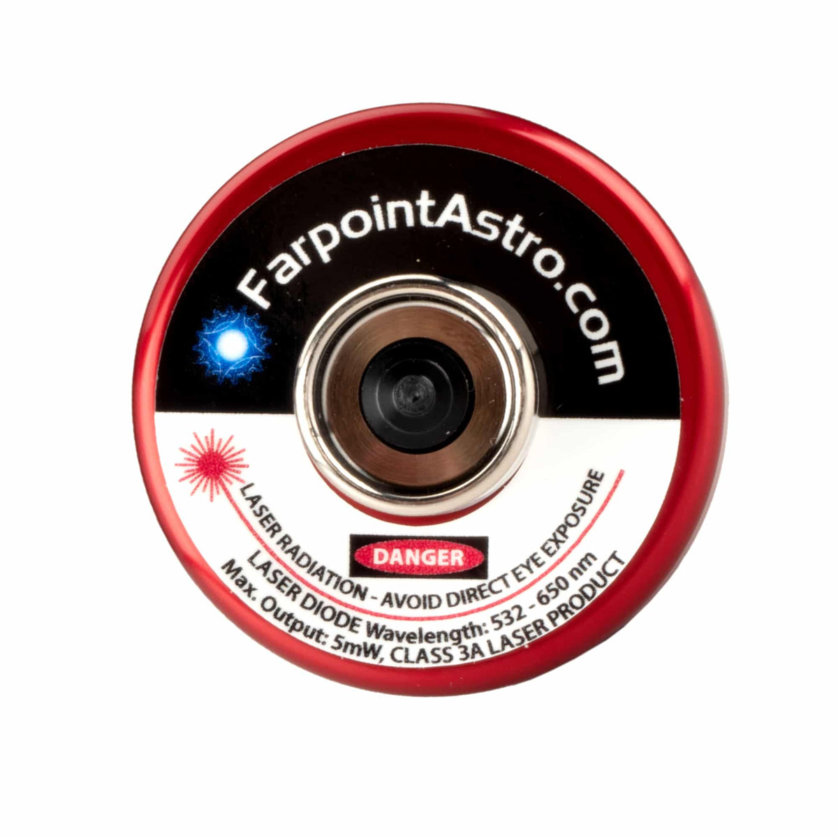 Close-up of the Farpoint laser collimator 0.76 mm beam aperture and protected positive-action switch